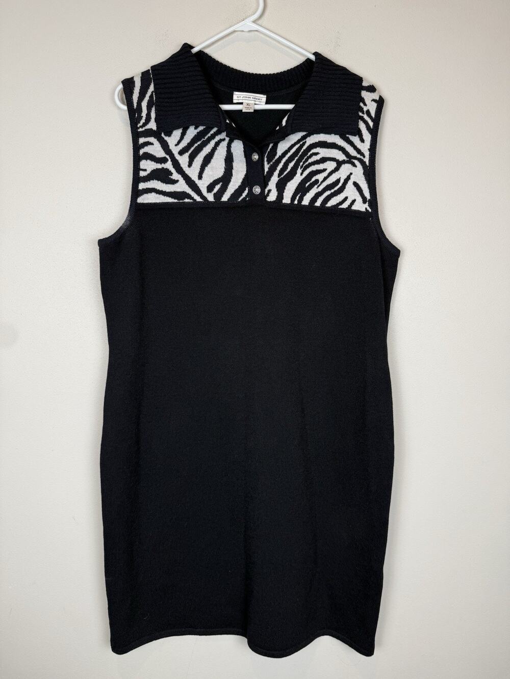 St. John Sport Santana Knit Zebra Animal Print Sleeveless Sheath Dress Black XL
